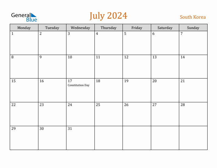 July 2024 Holiday Calendar with Monday Start