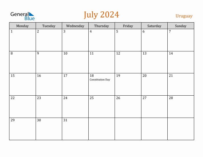 July 2024 Holiday Calendar with Monday Start