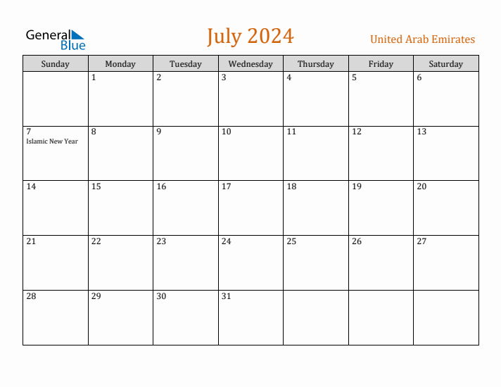 July 2024 Holiday Calendar with Sunday Start