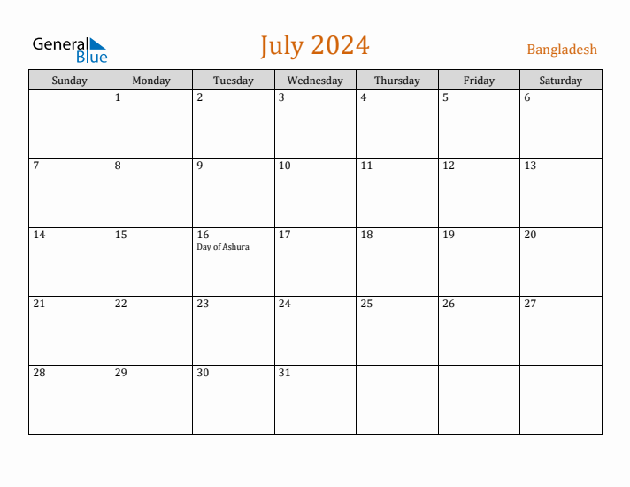 July 2024 Holiday Calendar with Sunday Start