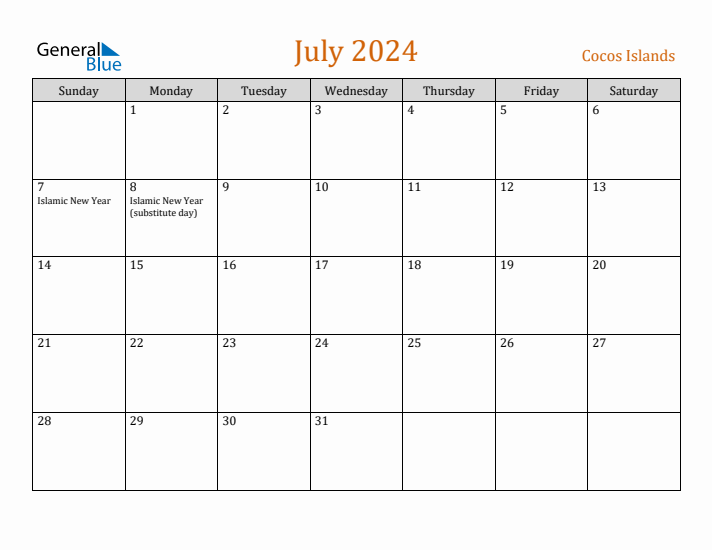 July 2024 Holiday Calendar with Sunday Start