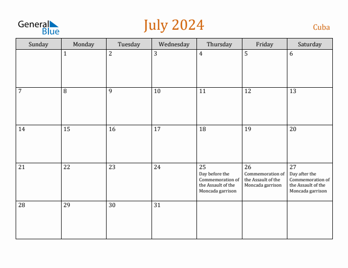 July 2024 Holiday Calendar with Sunday Start