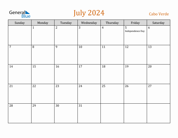 July 2024 Holiday Calendar with Sunday Start