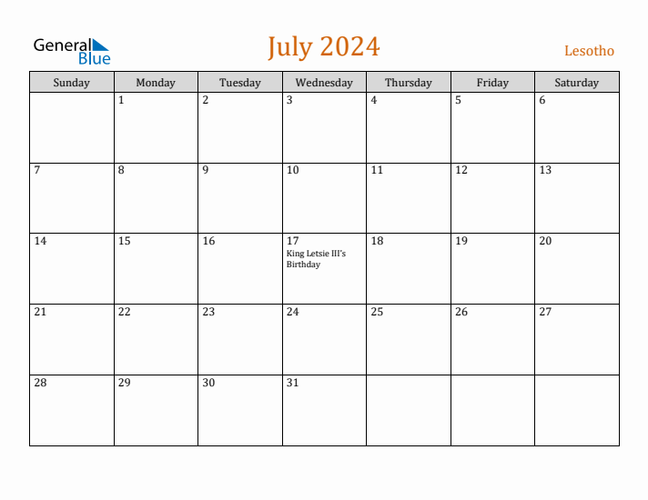 July 2024 Holiday Calendar with Sunday Start