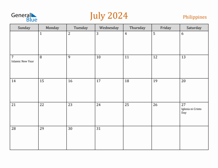 July 2024 Holiday Calendar with Sunday Start