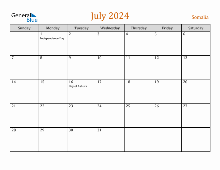 July 2024 Holiday Calendar with Sunday Start