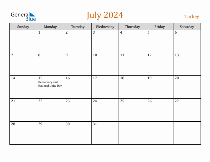 July 2024 Holiday Calendar with Sunday Start