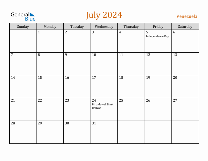 July 2024 Holiday Calendar with Sunday Start