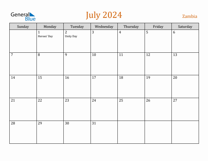 July 2024 Holiday Calendar with Sunday Start