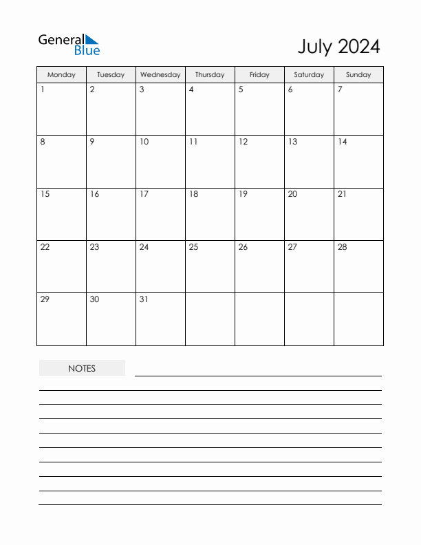 Printable Calendar with Notes - July 2024 