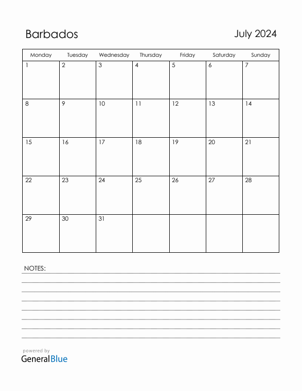 July 2024 Barbados Calendar with Holidays (Monday Start)