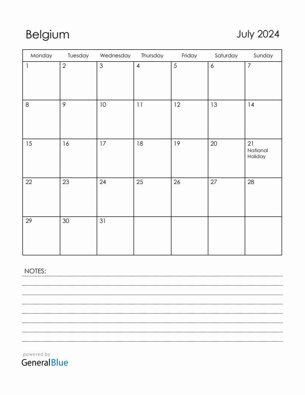 July 2024 Belgium Calendar with Holidays (Monday Start)