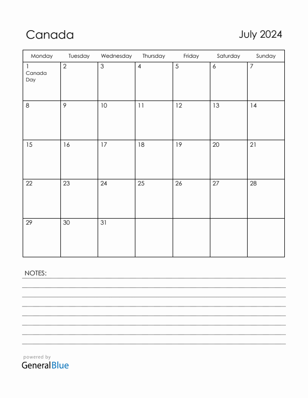 July 2024 Canada Calendar with Holidays (Monday Start)