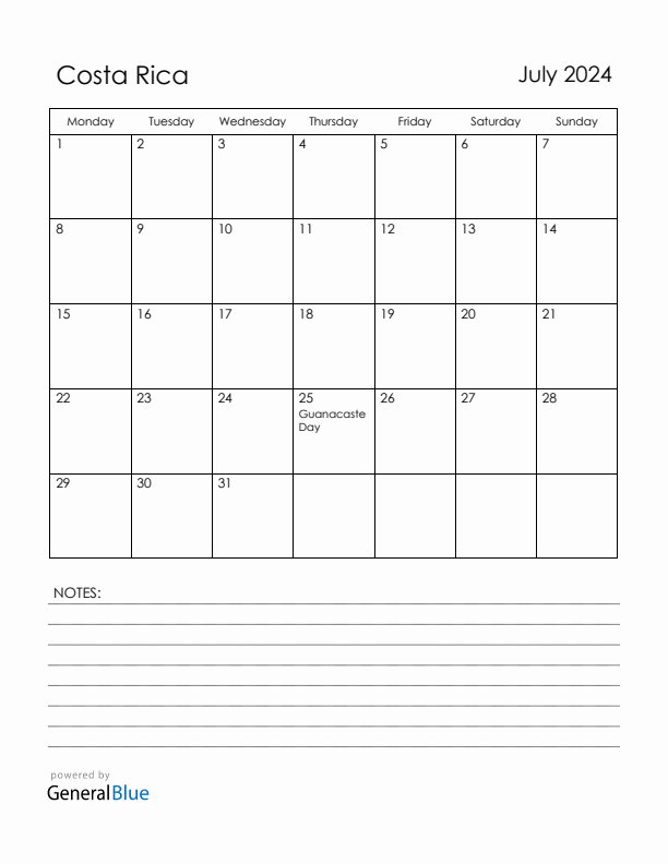 July 2024 Costa Rica Calendar with Holidays (Monday Start)