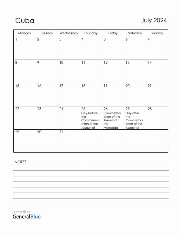 July 2024 Cuba Calendar with Holidays (Monday Start)