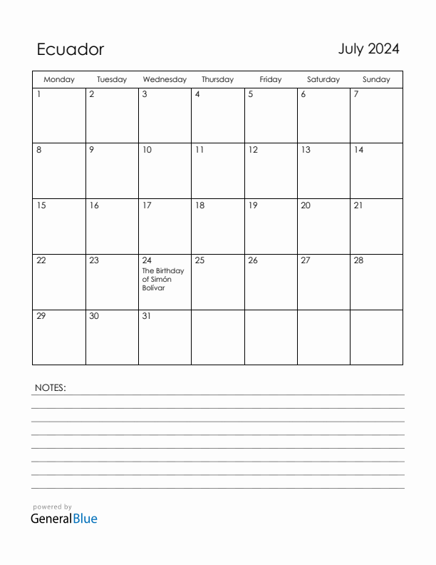 July 2024 Ecuador Calendar with Holidays (Monday Start)