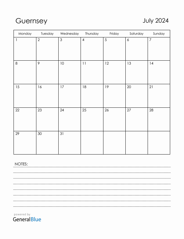 July 2024 Guernsey Calendar with Holidays (Monday Start)