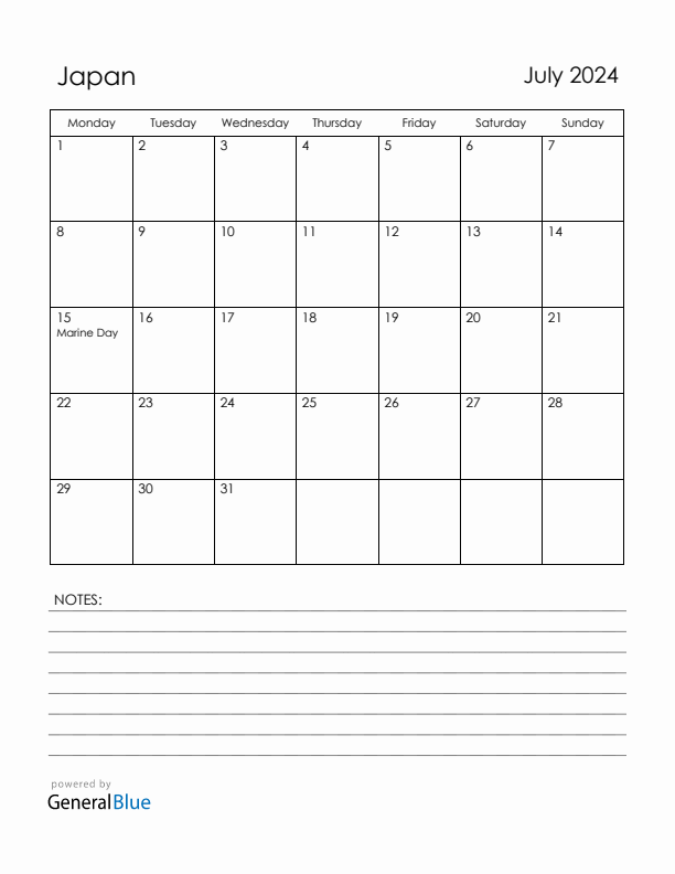 July 2024 Japan Calendar with Holidays (Monday Start)