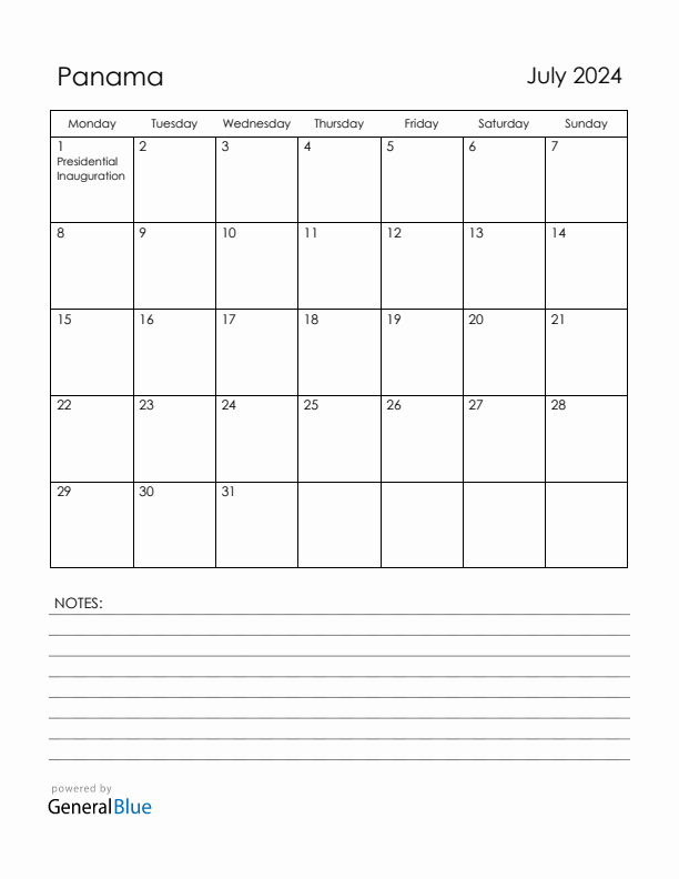 July 2024 Panama Calendar with Holidays (Monday Start)