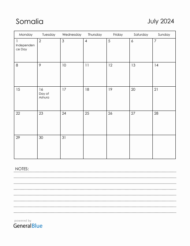 July 2024 Somalia Calendar with Holidays (Monday Start)