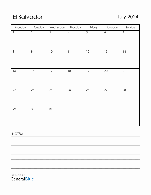 July 2024 El Salvador Calendar with Holidays (Monday Start)