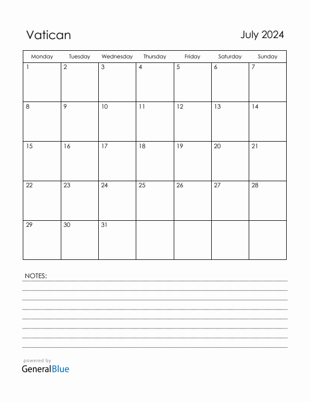 July 2024 Vatican Calendar with Holidays (Monday Start)