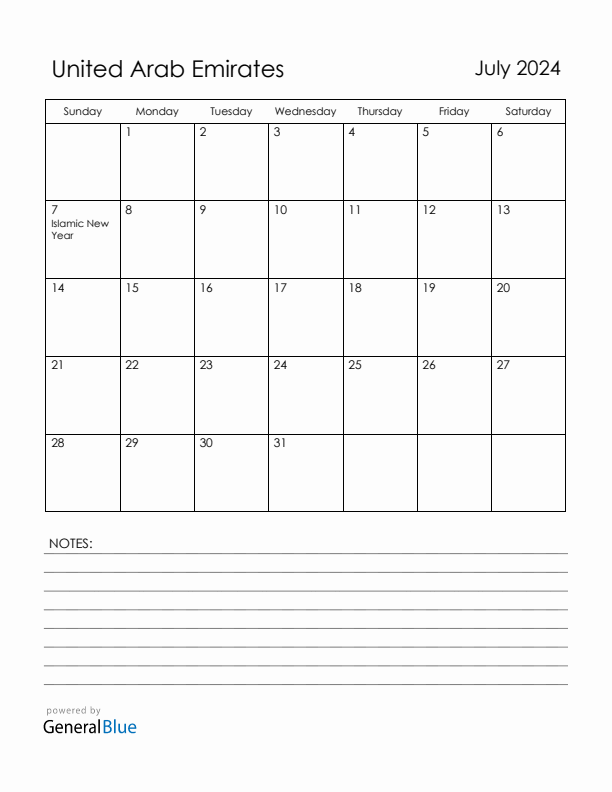 July 2024 United Arab Emirates Calendar with Holidays (Sunday Start)