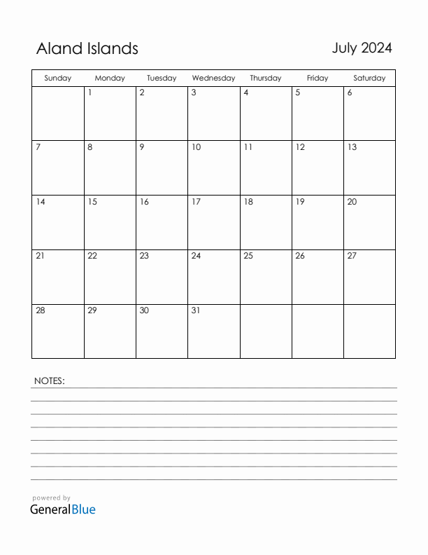 July 2024 Aland Islands Calendar with Holidays (Sunday Start)