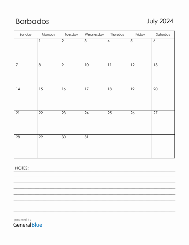 July 2024 Barbados Calendar with Holidays (Sunday Start)