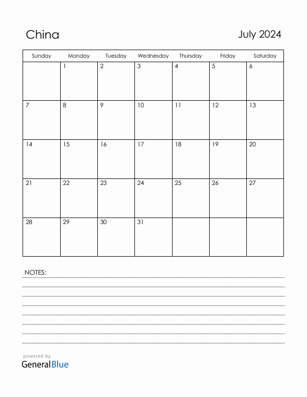 July 2024 China Calendar with Holidays (Sunday Start)