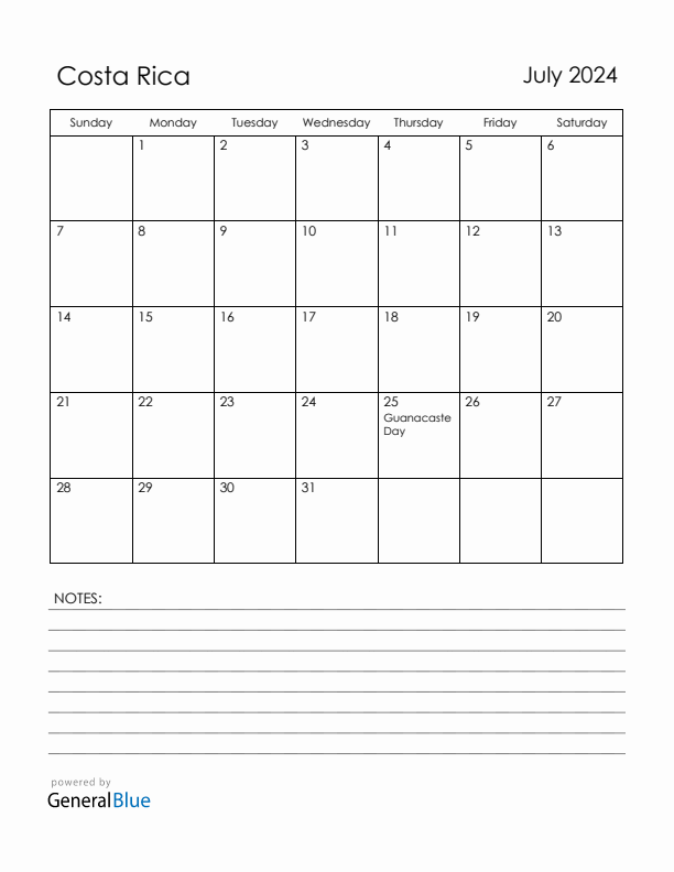 July 2024 Costa Rica Calendar with Holidays (Sunday Start)