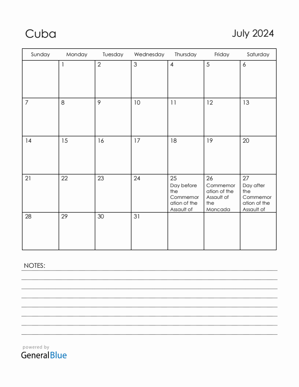 July 2024 Cuba Calendar with Holidays (Sunday Start)