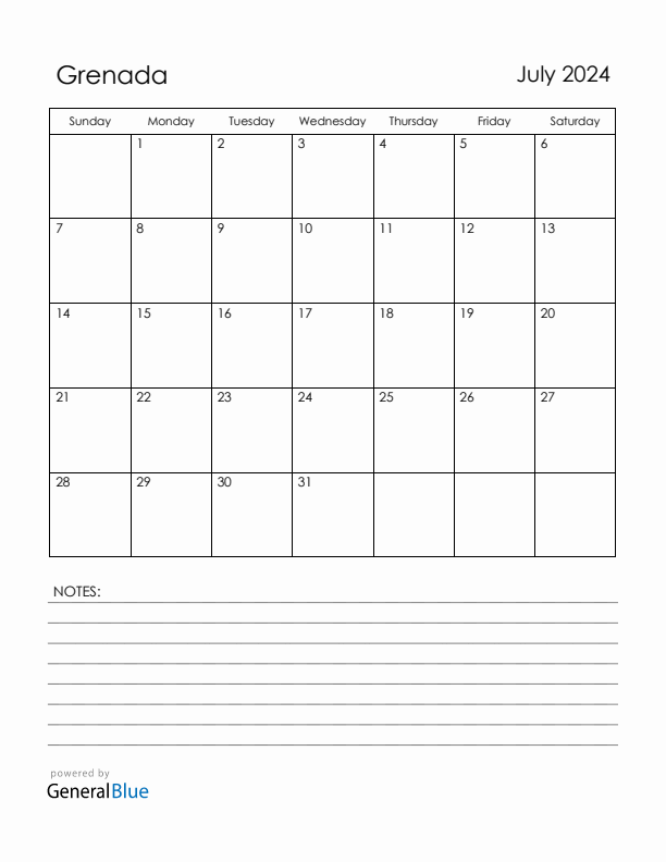 July 2024 Grenada Calendar with Holidays (Sunday Start)