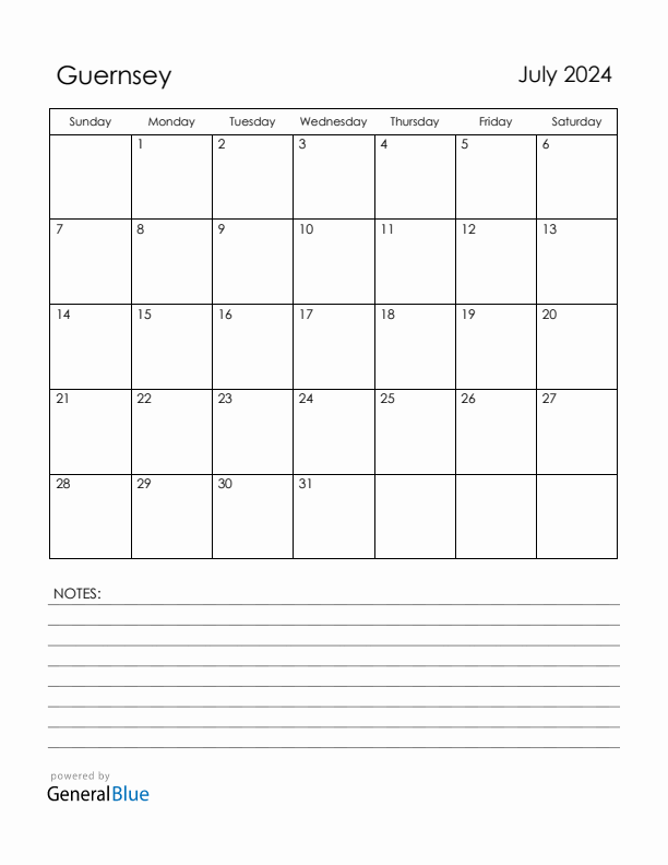 July 2024 Guernsey Calendar with Holidays (Sunday Start)