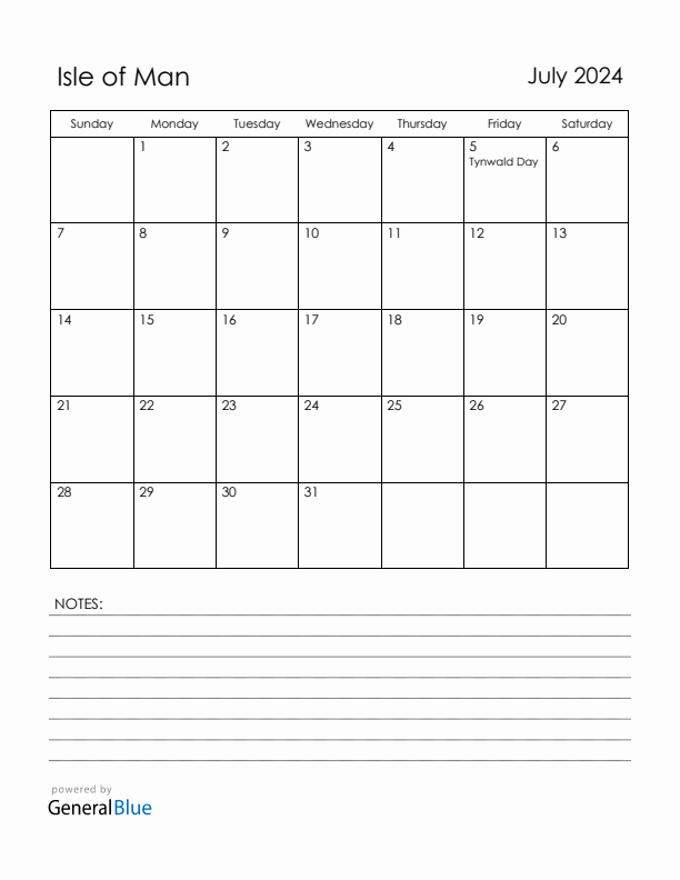 July 2024 Isle of Man Calendar with Holidays (Sunday Start)