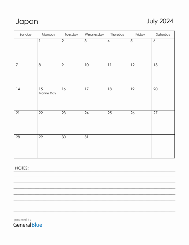 July 2024 Japan Calendar with Holidays (Sunday Start)