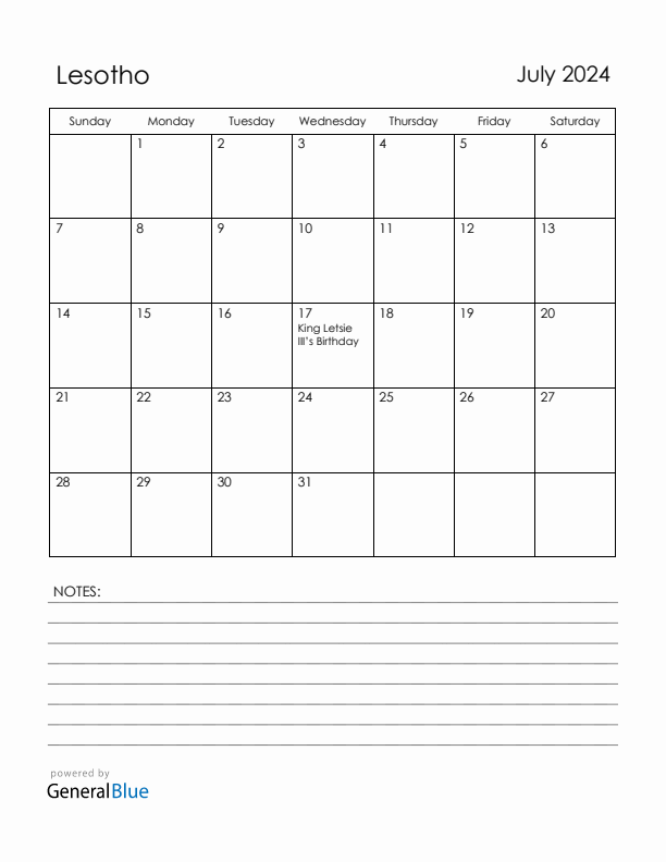 July 2024 Lesotho Calendar with Holidays (Sunday Start)