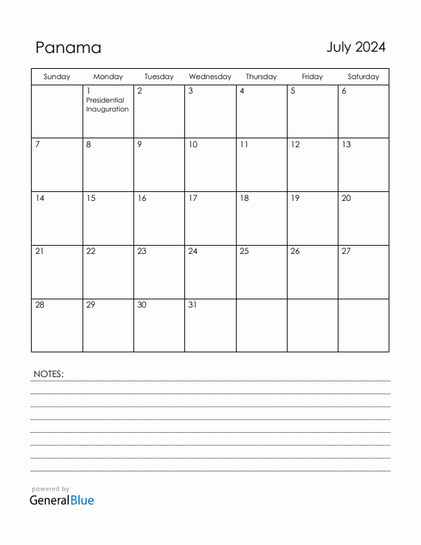 July 2024 Panama Calendar with Holidays (Sunday Start)