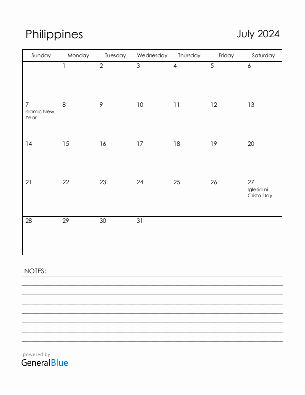 July 2024 Philippines Calendar with Holidays (Sunday Start)