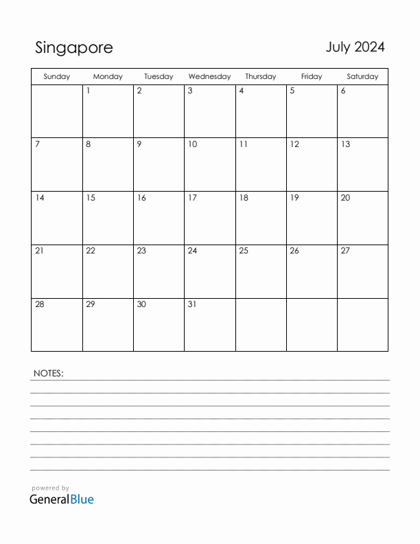 July 2024 Singapore Calendar with Holidays (Sunday Start)