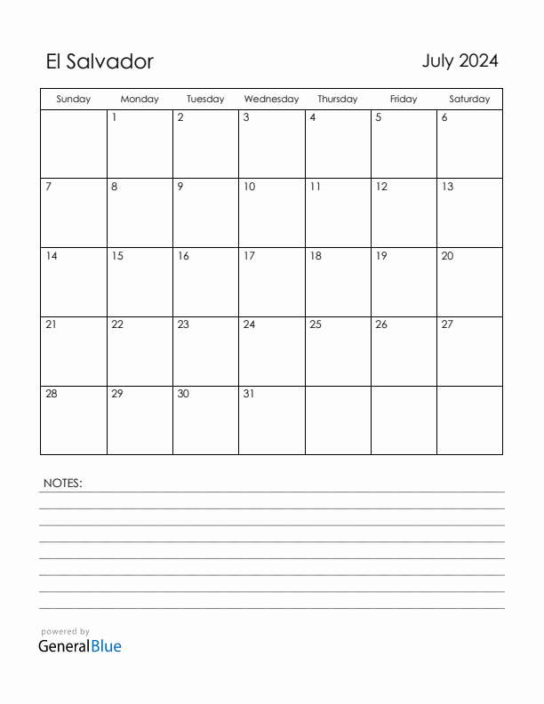 July 2024 El Salvador Calendar with Holidays (Sunday Start)