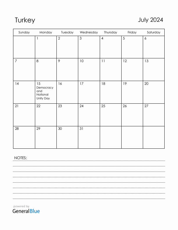 July 2024 Turkey Calendar with Holidays (Sunday Start)