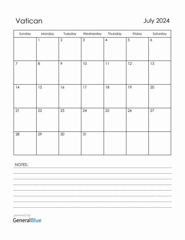 July 2024 Vatican Calendar with Holidays (Sunday Start)