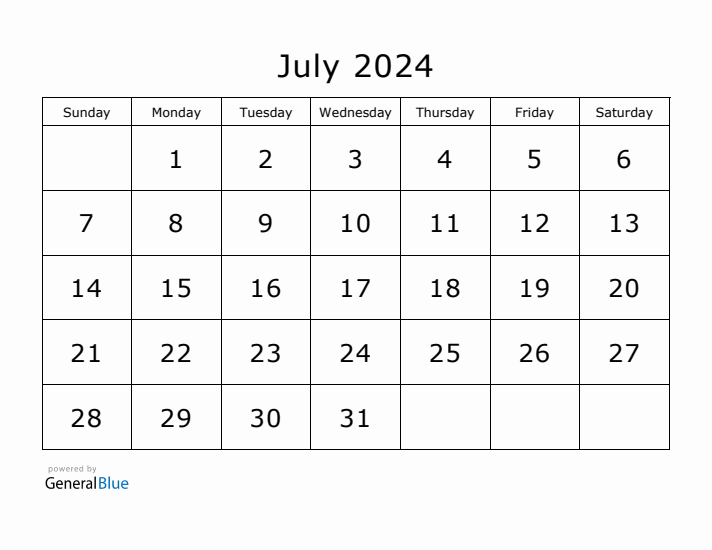 Printable July 2024 Calendar - Sunday Start