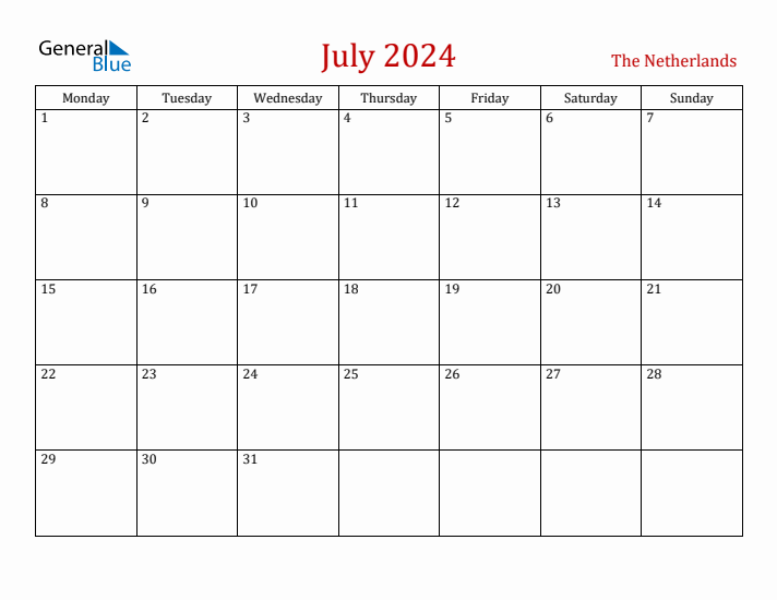 The Netherlands July 2024 Calendar - Monday Start