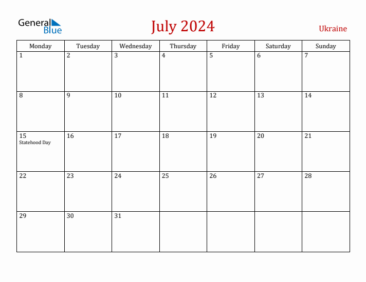 Ukraine July 2024 Calendar - Monday Start