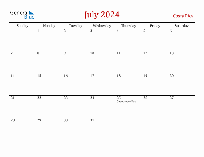 Costa Rica July 2024 Calendar - Sunday Start