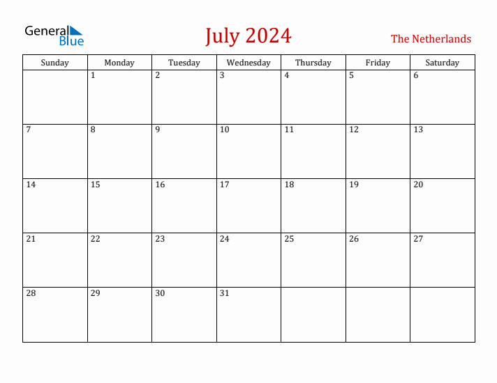 The Netherlands July 2024 Calendar - Sunday Start