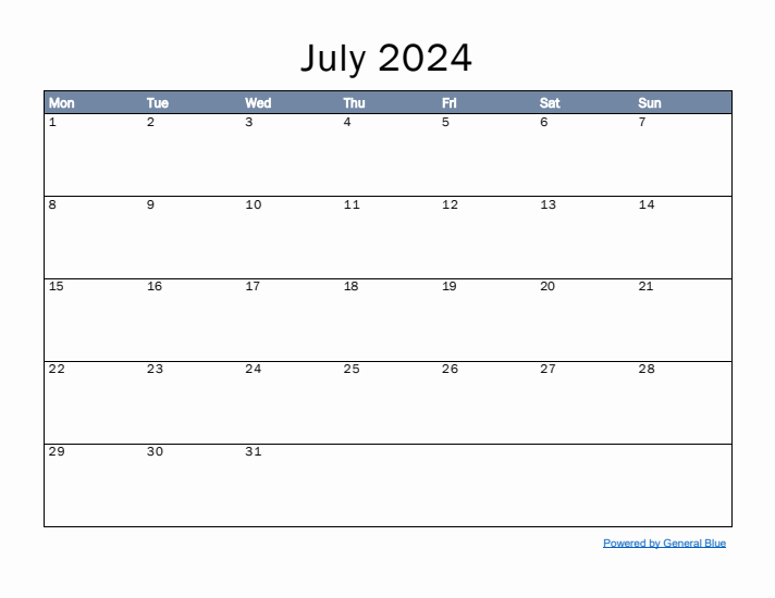 July 2024 Simple Month Calendar Template