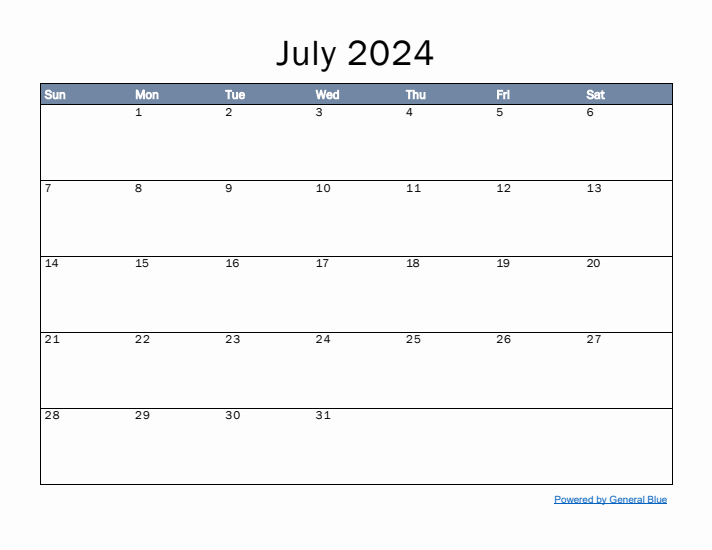 July 2024 Simple Month Calendar Template